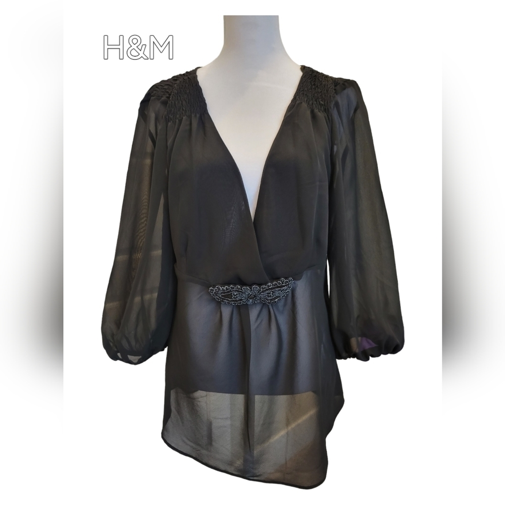 H&m Sheer Black Blouse with Beaded Applique Peplum
